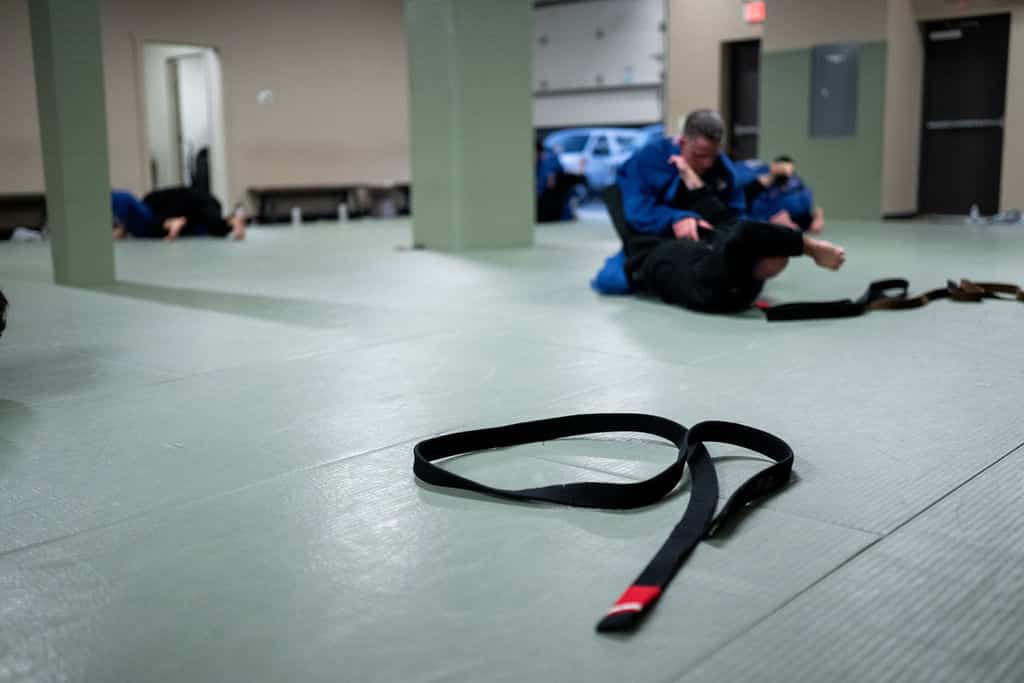 The Jiu Jitsu Institute jiu jitsu class belts with students sparring in background